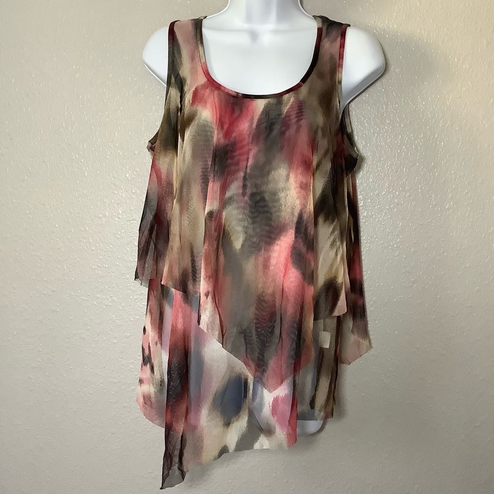Red Brown Artsy Bohemian‎ Hippie Festival Sheer Mesh Asymmetrical Layered Top XL